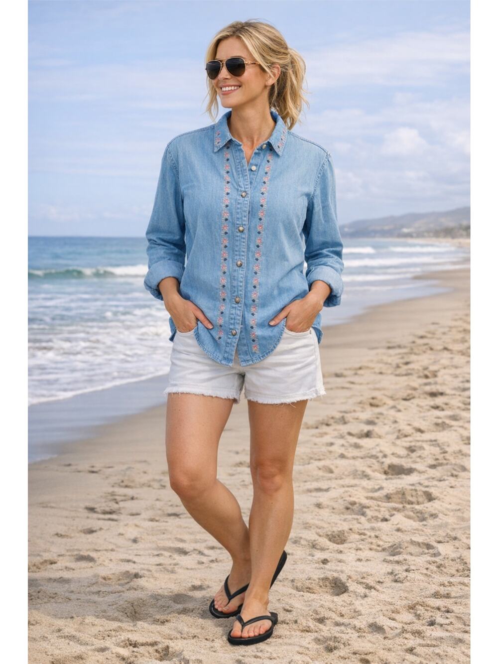 VTG Northern Reflections Chambray Shirt Embroidered Blue M